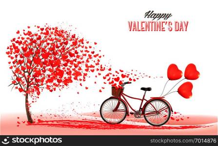 Valentine&rsquo;s Day background with bicycle with red heart shape balloons. Concept of love. Vector