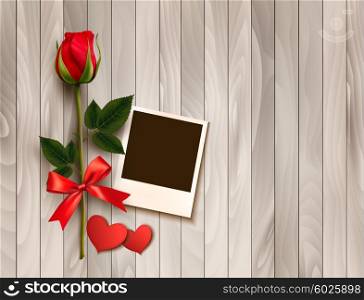 Valentine&rsquo;s day background with photo, hearts, and a rose. Vector.