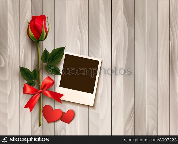 Valentine&rsquo;s day background with photo, hearts, and a rose. Vector.