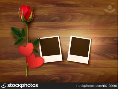 Valentine&rsquo;s day background with two photos, hearts, and a rose. Vector.