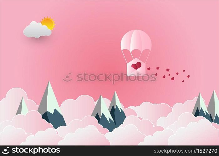 valentine&rsquo;s Day balloon heart-shaped floating in the sky and beautiful mountains cloud.paper art,vector illustration