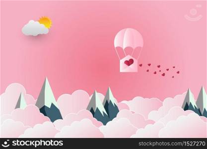 valentine&rsquo;s Day balloon heart-shaped floating in the sky and beautiful mountains cloud.paper art,vector illustration