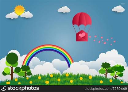 valentine&rsquo;s Day balloon heart-shaped floating in the sky and beautiful mountains cloud.paper art.vector illustration