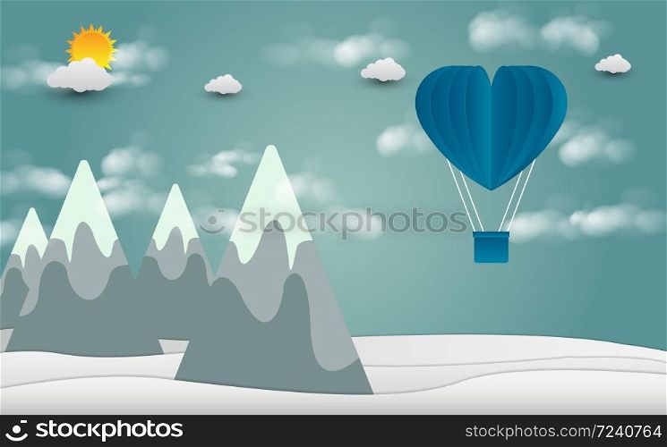valentine&rsquo;s Day balloon heart-shaped floating in the sky and beautiful mountains cloud.paper art,Vector illustration