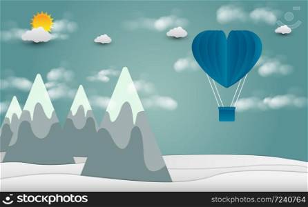 valentine&rsquo;s Day balloon heart-shaped floating in the sky and beautiful mountains cloud.paper art,Vector illustration
