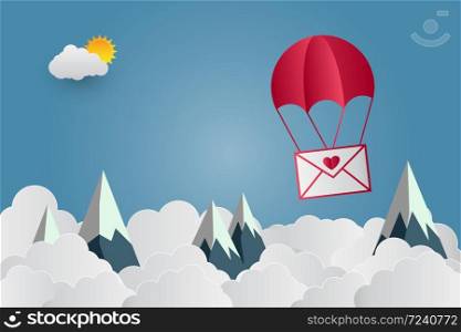 valentine&rsquo;s Day balloon heart-shaped floating in the sky and beautiful mountains cloud.paper art,vector illustrator