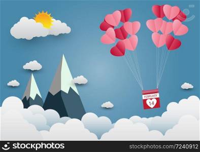 valentine&rsquo;s Day balloon heart-shaped floating in the sky and beautiful mountains cloud.paper art.vector illustration