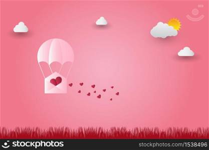 Valentine&rsquo;s day balloons in a heart shaped flying over grass view background, paper art style,vector illustration