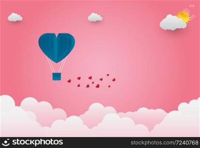 Valentine&rsquo;s day balloons in a heart shaped flying over grass view background, paper art style,Vector illustration
