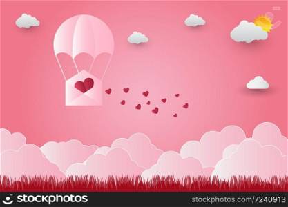 Valentine&rsquo;s day balloons in a heart shaped flying over grass view background, paper art style. vector illustrator