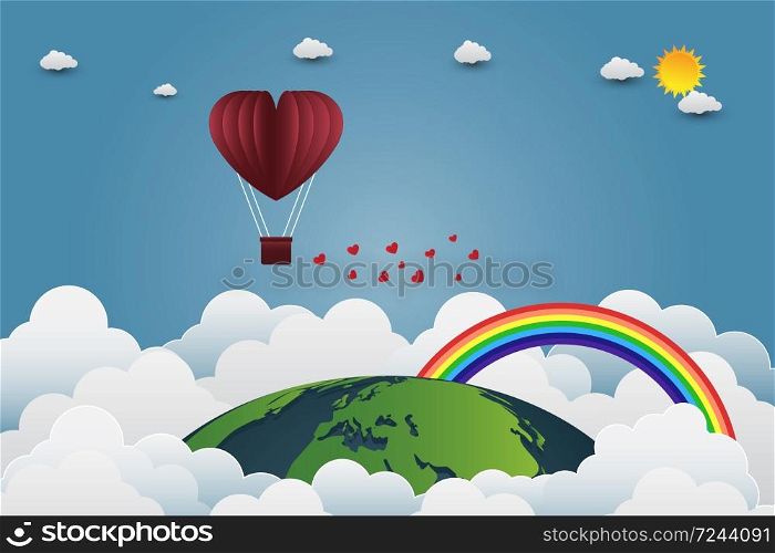 Valentine&rsquo;s day balloons in a heart shaped flying over grass view background, paper art style,Vector illustration