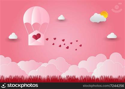 Valentine&rsquo;s day balloons in a heart shaped flying over grass view background, paper art style,vector illustration