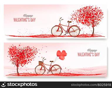 Valentine&rsquo;s Day banners with a heart shaped tree and a bicycle. Vector.