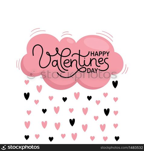 Valentine&rsquo;s day card for holiday decoration. Pink cloud and rain of hearts. Vector flat illustration on white background