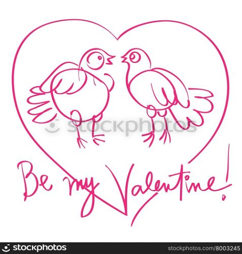 Valentine&rsquo;s day card, hand drawn doodle illustration of two pigeons over a white background