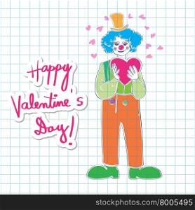 Valentine&rsquo;s Day card, hand drawn illustration of a clown wearing a heart and a sticker with vibrant text over math paper
