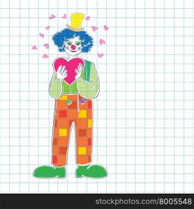 Valentine&rsquo;s Day card, hand drawn illustration of a clown wearing a heart and blank place for your text over math paper