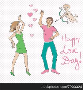 Valentine&rsquo;s Day card, Love Day cartoon illustration of two lovers dancing and Cupido with bow