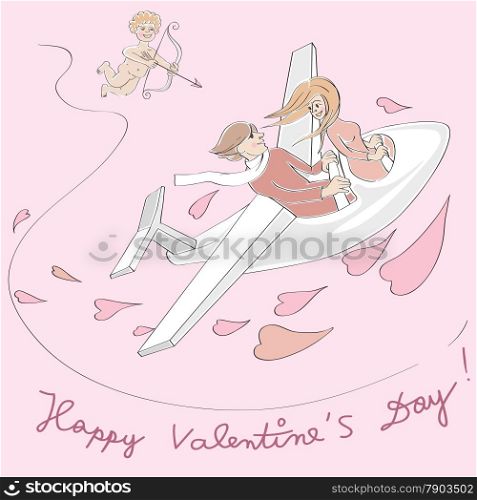 Valentine&rsquo;s Day card, Love Day cartoon illustration of two lovers in a plane flying and Cupido with bow