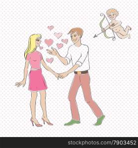 Valentine&rsquo;s Day card, Love Day cartoon illustration of two lovers meeting and Cupido with bow