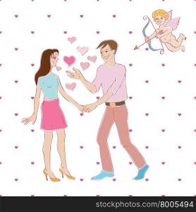 Valentine&rsquo;s Day card, Love Day cartoon illustration of two lovers meeting and Cupid with bow ahd arrow over a background with hearts