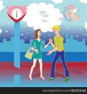 Valentine&rsquo;s Day card, Love Day cartoon illustration of two lovers meeting in the city and Cupid with bow and blank for text