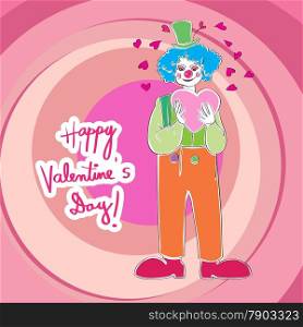 Valentine&rsquo;s Day card with clown wearing a heart, hand drawn illustration and vibrant capital letters text over a pink background with discs