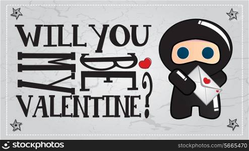 Valentine&rsquo;s day card with cute cartoon ninja character