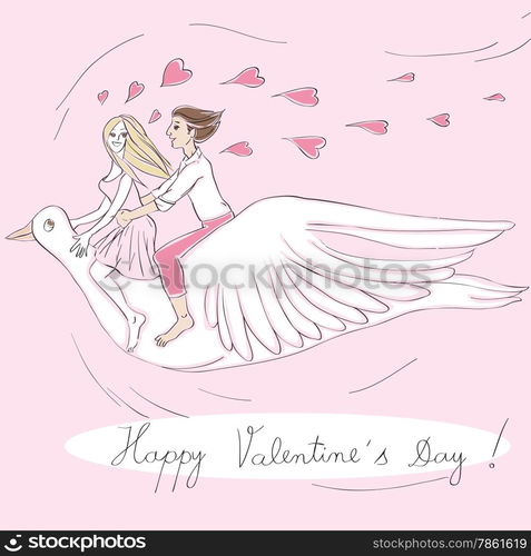 Valentine&rsquo;s Day card with hand drawn illustration of two lovers riding a fantastic bird over a pastel pink background and text over white label