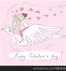 Valentine&rsquo;s Day card with hand drawn illustration of two lovers riding a fantastic bird over a pastel pink background and text over white label