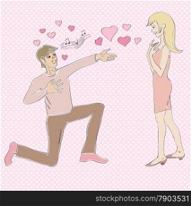 Valentine&rsquo;s Day card with lover singing a love song to his girlfriend, hand drawn cartoon, illustration over a pink background with hearts and music notes