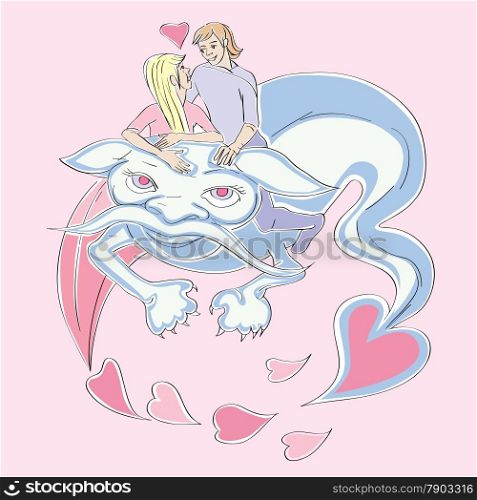 Valentine&rsquo;s Day card with lovers riding a blue dragon, hand drawn illustration over a pink background with flying hearts