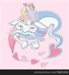 Valentine&rsquo;s Day card with lovers riding a blue dragon, hand drawn illustration over a pink background with flying hearts
