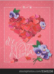 Valentine&rsquo;s day card with Red hearts confetti in big heart shape, violet flowers and handwritten text Be my Valentine on pink polka dots background