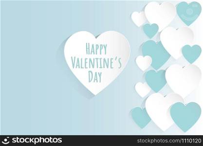 Valentine&rsquo;s day concept background. Vector illustration. White and Blue paper hearts on pastel Blue background. Cute love sale banner or greeting card