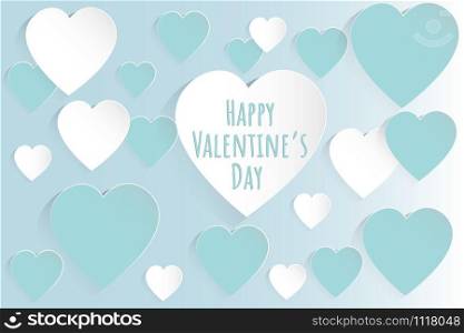Valentine&rsquo;s day concept background. Vector illustration. White and Blue paper hearts on pastel Blue background. Cute love sale banner or greeting card