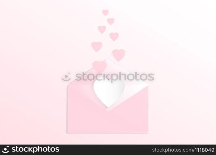 Valentine&rsquo;s day concept background. Vector illustration. White and Pink paper hearts on pastel Pink envelope on pink background. Cute love sale banner or greeting card