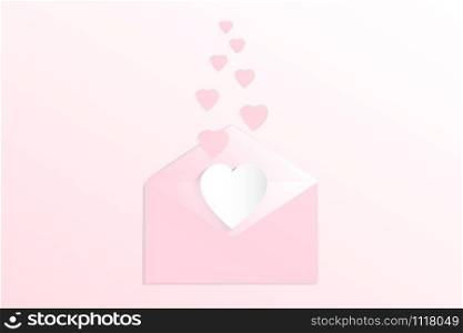 Valentine&rsquo;s day concept background. Vector illustration. White and Pink paper hearts on pastel Pink envelope on pink background. Cute love sale banner or greeting card