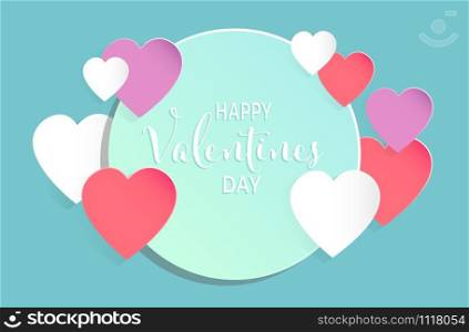 Valentine&rsquo;s day concept background. Vector illustration. Paper hearts with circle frame on pastel blue background. Cute love sale banner or greeting card