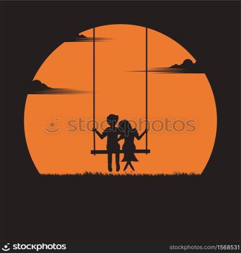 Valentine&rsquo;s day concept. couple sitting on a swing under sunset background. silhouette style vector illustration.