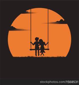 Valentine&rsquo;s day concept. couple sitting on a swing under sunset background. silhouette style vector illustration.