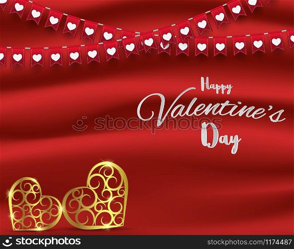 Valentine&rsquo;s day concept,gold hearts shape on red silk background with bunting and place for your text,vector illustration