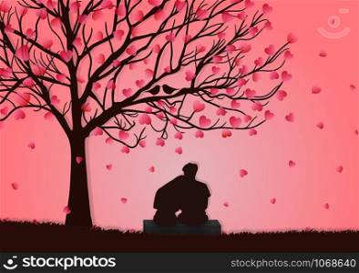 Valentine&rsquo;s Day Concept Men and women couples sit at the marble table under the tree, where the leaves are the heart and the pink sky. And two birds sticking branches. The two show love together.