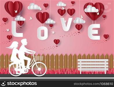 Valentine&rsquo;s Day concept. Men and women riding bicycles on the street. In the sky and pointing to the balloon float in the pink sky with the letter L O V E and the flying bird has a heart. Vector paper