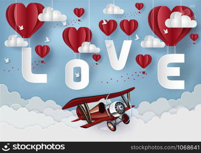 Valentine&rsquo;s Day Concept. The red balloon floating in the sky has the letter L O V E and the flying bird has a floating heart. There are red planes flying through. Vector illustration. paper art style