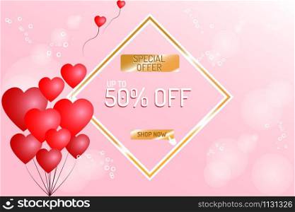 Valentine&rsquo;s day concept. Vector illustration. Red hearts balloon with advertisement sale. Cute love sale banner or greeting card