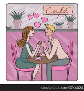 Valentine&rsquo;s Day, dating or honeymoon retro card, cartoon illustration of two lovers at the cafe flirting and drinking coffee