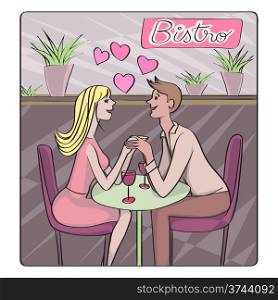 Valentine&rsquo;s Day, dating or honeymoon retro card, cartoon illustration of two lovers at the bistro flirting and drinking wine