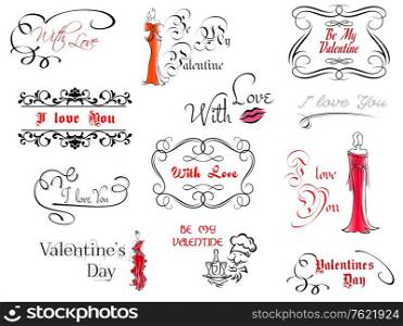 Valentine&rsquo;s day design elements and headers with calligraphic frames