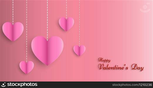 Valentine&rsquo;s Day greeting card, Holiday party, Banner, Poster, Flyer with line hanging pink hearts. Vector illustration paper art design
